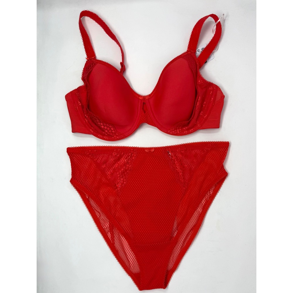 Elomi Charley Spacer Bra 36DD + High Leg Brief Panty Set Salsa Red Mesh Lace NWT